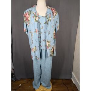 Karin Stevens Pantsuit Womens 18 Blue Floral 3 Piece Set Blouse Jacket Pants
